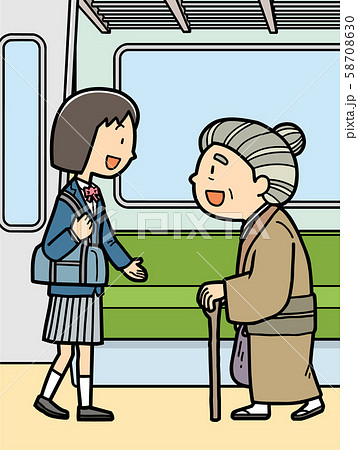 イラスト 電車 席を譲る 高校生 女子高生 制服 お年寄り 老人 おばあさん マナー 通学のイラスト素材