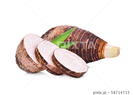 whole and half taro root with leaf isolated on whole and half taro root with leaf isolated on 58714715