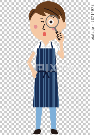 Man wearing pop apron with magnifying glass 58714978