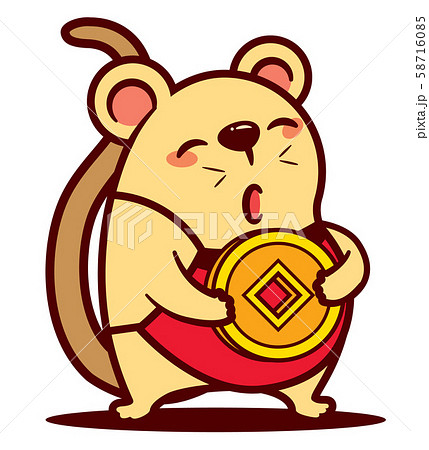 Cartoon cute mouse character carrying gold coin on white background Cartoon cute mouse character carrying gold coin on white background 58716085