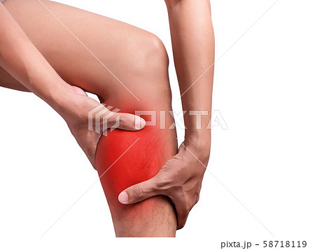 man suffering from leg pain, calf pain. red color highlight at calf, leg isolated on white background. health care and medical concept 58718119