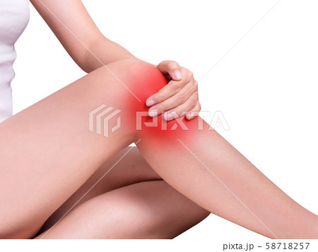 woman suffering from knee pain, joint pains. red color highlight at knee isolated on white background. health care and medical concept woman suffering from knee pain, joint pains. red color highlight at knee isolated on white background. health care and medical concept 58718257