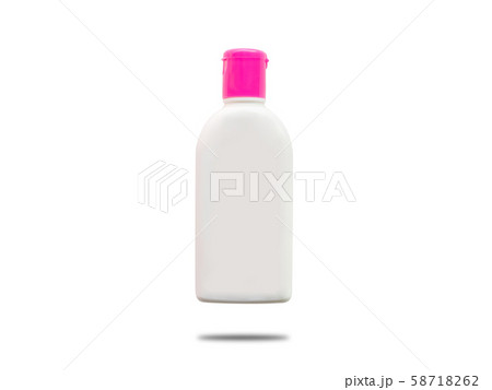 single white plastic bottle with blank label with pink lid and shadow isolated on white background. package photo shot in studio with clipping path 58718262
