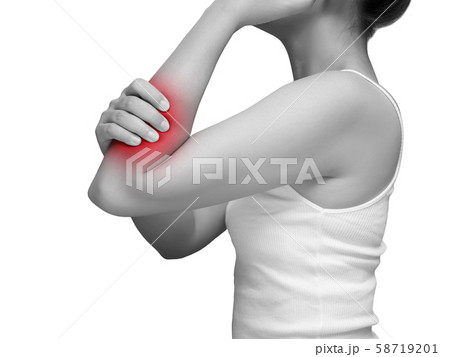 woman suffering from arm pain, painful in arm muscles. mono tone color with red highlight at arm , arm muscles isolated on white background. health care and medical concept. studio shot 58719201