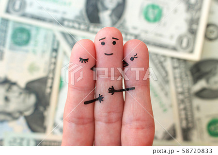 Fingers art. Concept of girls kisses boy on cheek Fingers art. Concept of girls kisses boy on cheek 58720833