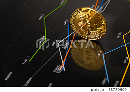 Gold bitcoin standing on financial charts for cryptocurrency prices 58720999