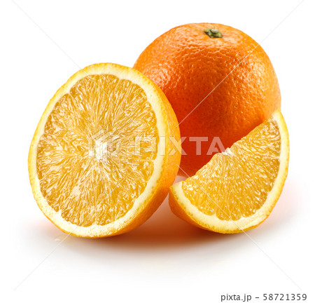 Whole and sliced fresh orange fruit isolated 58721359