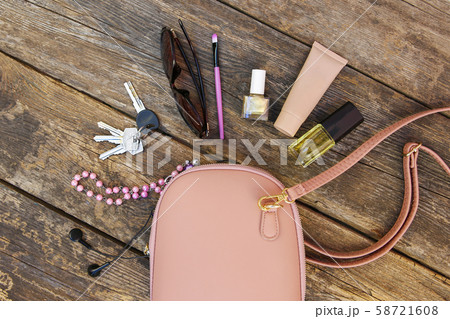 Things from open lady purse. Cosmetics and women's Things from open lady purse. Cosmetics and women's 58721608