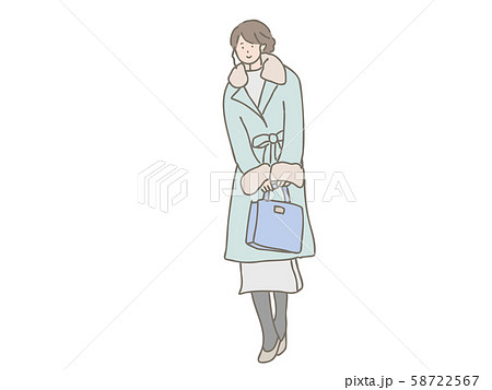 オフィスカジュアルの女性 水色のファーコートのイラスト素材