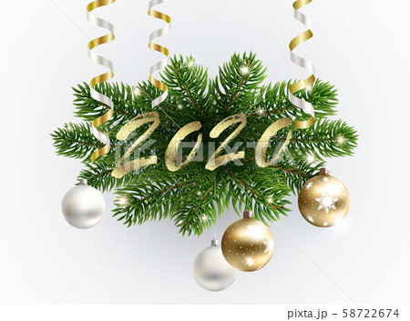 Golden 2020 text on the fur-tree branches Golden 2020 text on the fur-tree branches 58722674