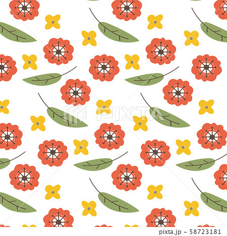赤とオレンジの花と葉っぱのパターン壁紙のイラスト素材 58723181