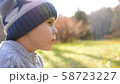 A child in the autumn Park on a picnic. He eats a juicy red Apple. Close up face 58723227