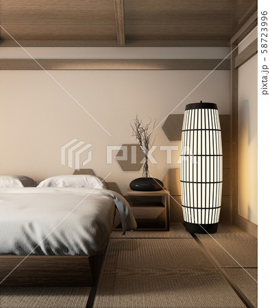 Wooden bed japanese style and zen lamp on tatami 58723996