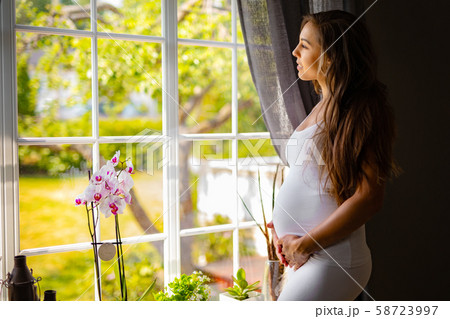 Thoughtful pregnant woman looking out the window and touching her belly Thoughtful pregnant woman looking out the window and touching her belly 58723997