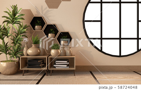 wooden hexagon shelf and tiles on wall and wooden 58724048