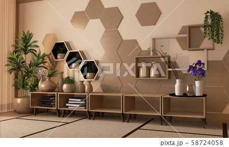 wooden hexagon shelf and tiles on wall and wooden 58724058