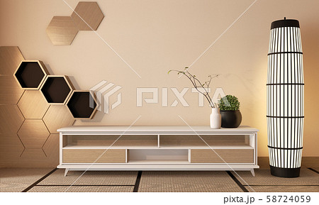 wooden cabinet tv with wooden hexagon tiles 58724059