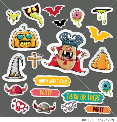 Vector halloween sticker icons set with dracula, witch hat, scary pumpkin, bat , skull, happy Vector halloween sticker icons set with dracula, witch hat, scary pumpkin, bat , skull, happy 58724779