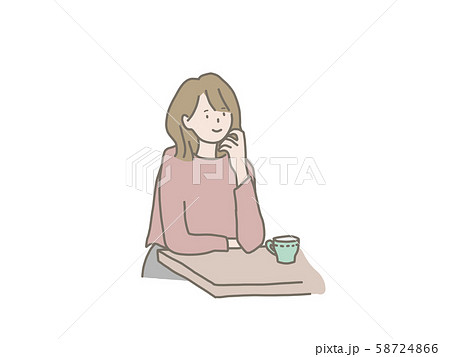 カフェでのんびりする女性のイラスト素材