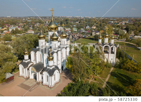 Aerial summer view of Nikolsky Monastery wiht bright golden domes is a Russian Orthodox monastery in 58725330
