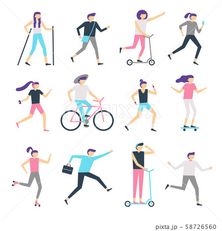 People outdoor activity. Healthy community, walking man and jogging woman. Running teenagers People outdoor activity. Healthy community, walking man and jogging woman. Running teenagers 58726560