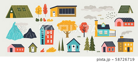 Cute houses. Trendy rural hand drawn landscape with buildings trees mountains and clouds. Vector Cute houses. Trendy rural hand drawn landscape with buildings trees mountains and clouds. Vector 58726719