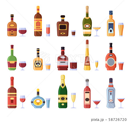Alcohol bottles and glasses. Alcoholic bottle with cider, vermouth in glass or liqueur shot and 58726720