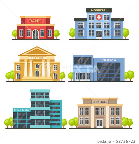 Flat city buildings. Contemporary office center, hospital facade and city hall building. Modern Flat city buildings. Contemporary office center, hospital facade and city hall building. Modern 58726722