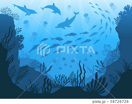 Underwater ocean fauna. Deep sea plants, fishes and animals. Marine seaweed, fish and animal 58726726
