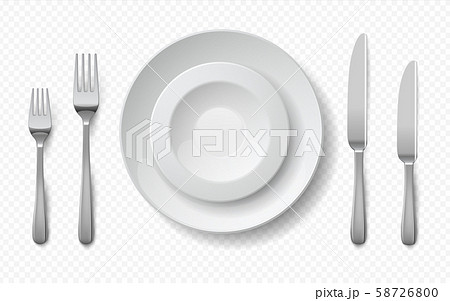 Realistic food plates. White ceramic dish with metal fork spoon and knife, empty restaurant 58726800