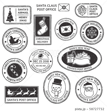 Christmas stamp. Vintage Santa Claus postmark, north pole mail cachet and snowflake symbol on stamps Christmas stamp. Vintage Santa Claus postmark, north pole mail cachet and snowflake symbol on stamps 58727732