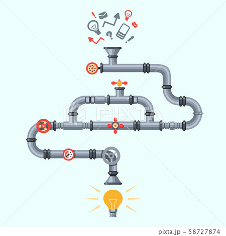 Ideas generator. Idea generation machine, industry pipeline factory machines with lighting lamp 58727874