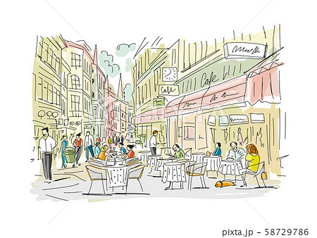 Old european street with cafe and restaurants, sketch for your design 58729786