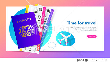Travel banner with passport and tickets in modern gradient style for travel or tourism website. Travel banner with passport and tickets in modern gradient style for travel or tourism website. 58730326
