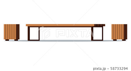 Comfort wooden with metal legs bench with two trash cans- place of relax and rest in the park. Comfort wooden with metal legs bench with two trash cans- place of relax and rest in the park. 58733294
