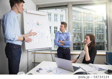 Young Businessman Explaining Chart To Male And Female Coworkers Young Businessman Explaining Chart To Male And Female Coworkers 58734134