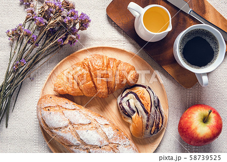 Traditional Breakfast Natural Vegetarian Food With Sourdoughs Bread, Coffee, Honey, Croissant  58739525