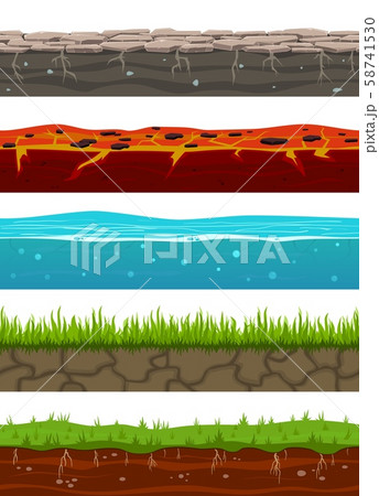 Ground seamless levels. Game earth surfaces with land grass, dried soil, water and ice, lava 58741530