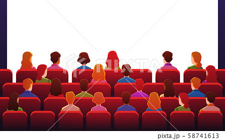 People in movie theater. Guys watch sitting on red chairs in front of white screen in movie hall 58741613