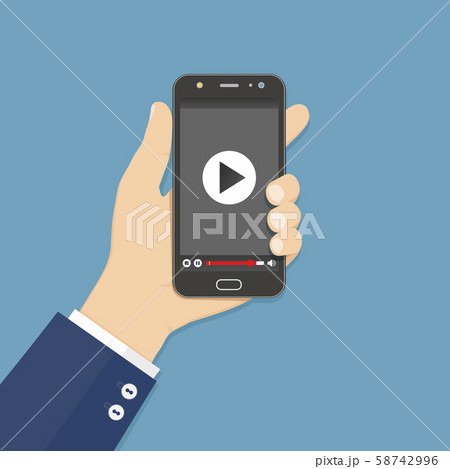 Hand holding smartphone with video player on the screen. Vector flat illustration. 58742996