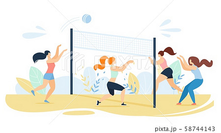 Cartoon Women Team Characters Playing Volleyballのイラスト素材