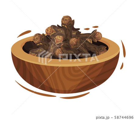 Clove Dried Flower Buds in Wooden Bowl. Detailed Drawn Vector Illustrated Items Clove Dried Flower Buds in Wooden Bowl. Detailed Drawn Vector Illustrated Items 58744696