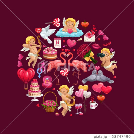Circle of Valentines Day gifts, love heart, Cupids 58747490