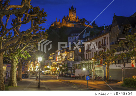 Street below Cochem Imperial Castle at sunset in Cochem, Germany 58748354
