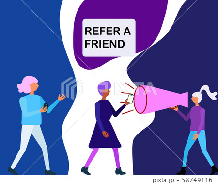 Trendy colour concept of word of mouth advertising refer a friend. Woman shout in a megaphone refer a friend and people come with a friend. For landing page, user interface, web, mobile app, poster, b Trendy colour concept of word of mouth advertising refer a friend. Woman shout in a megaphone refer a friend and people come with a friend. For landing page, user interface, web, mobile app, poster, b 58749116