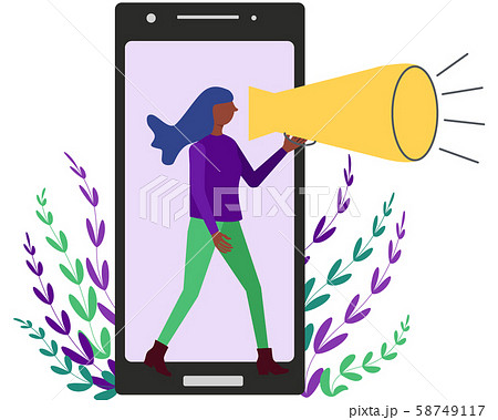 Mobile device with woman shout in a megaphone for social media simple word of mouth concept. For landing page, user interface, web, mobile app, poster, banner. Vector illustration. Mobile device with woman shout in a megaphone for social media simple word of mouth concept. For landing page, user interface, web, mobile app, poster, banner. Vector illustration. 58749117