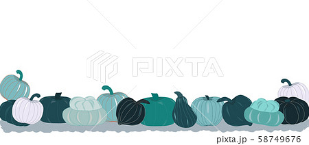 Horisontal banner with blue pumpkins variety on white background. Fall and winter harvest blue green squashes. Vector Illustration. 58749676