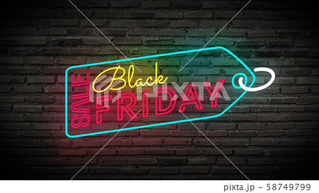 Black Friday label sale tag shiny neon lamps sign glow on black brick wall. colorful sign board for Black Friday sale promotion and advertising 58749799