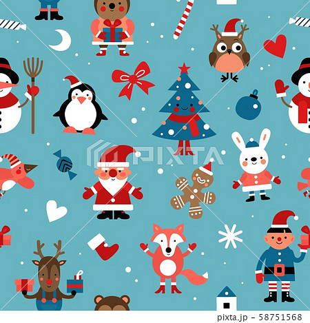 Christmas characters pattern. Santa, gingerbread Man and rabbit, elf and deer, fox. 2020 new year 58751568