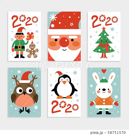 Christmas characters card set. Santa, penguin and fir-tree, white rabbit and owl, elf with gift 58751570